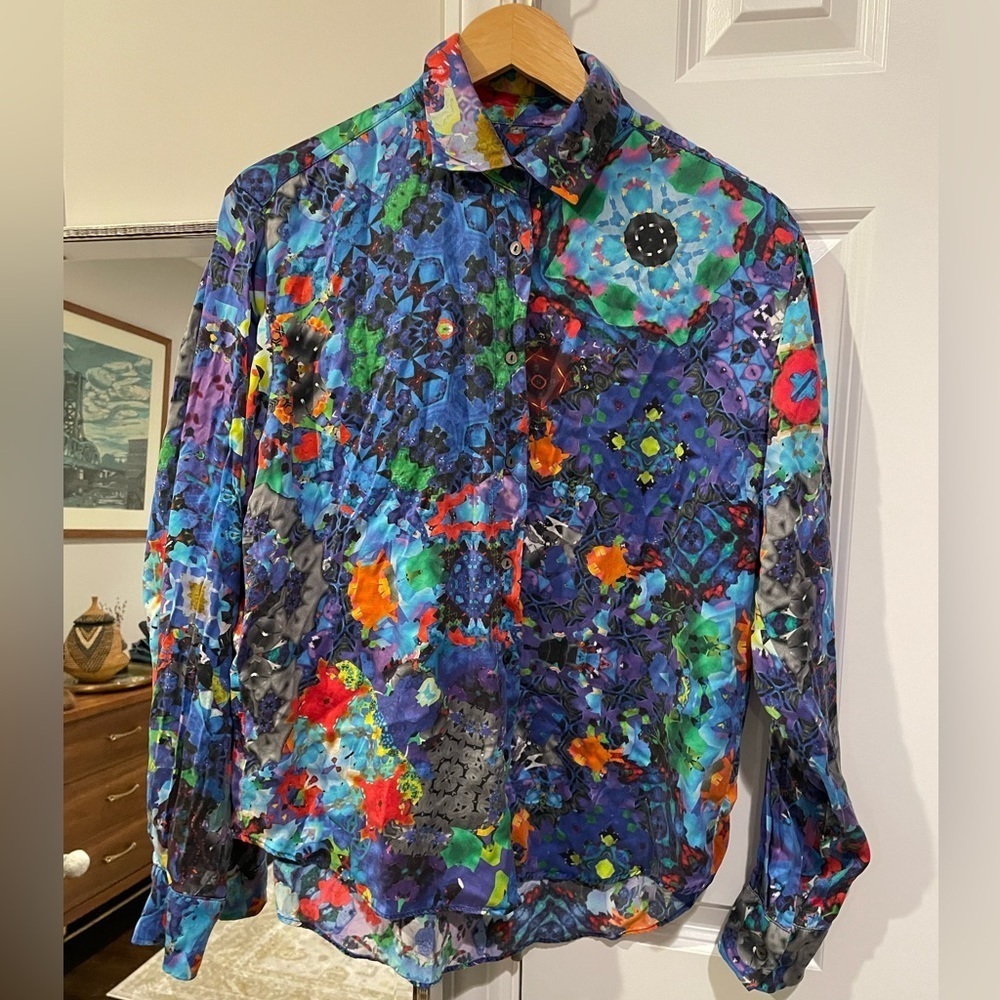 Multicolor Abstract Pattern Silk Button Down Shirt - image 3